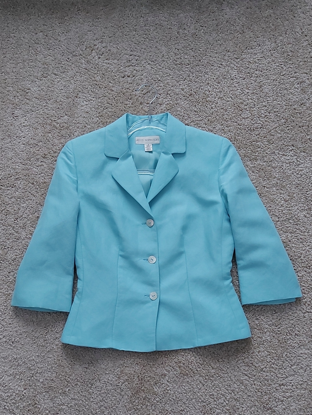 Petite Sophisticate Turquoise Linen Tailored Blazer Jacket 3/4 Sleeve